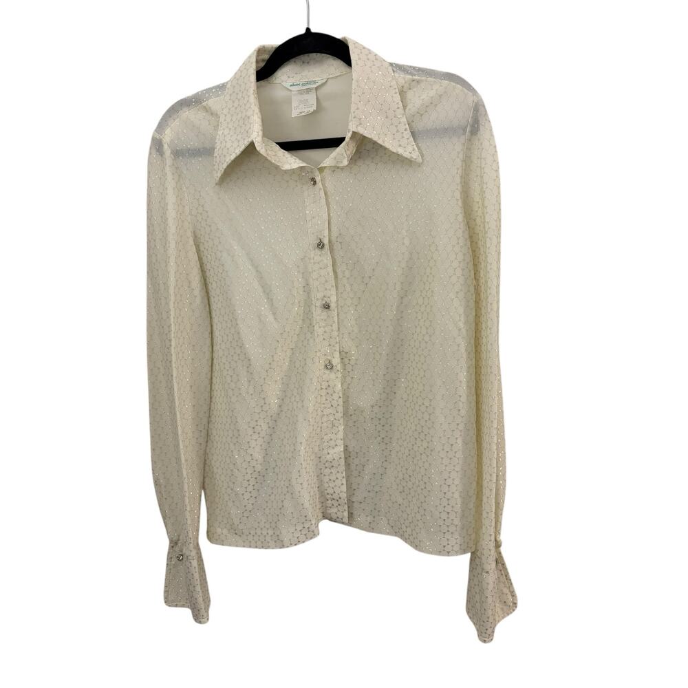 Alex Colman Vintage Blouse White Metallic Thread Rhinestone Buttons Tag=16